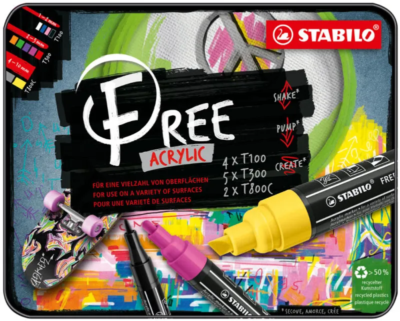 Hauptbild des Produkts Akrylový popisovač STABILO FREE Acrylic Startovací 11 ks sada - mix barev se 3 hroty