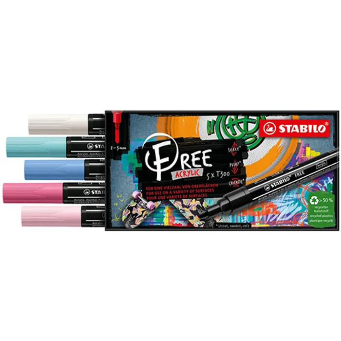Hauptbild des Produkts Akrylový popisovač STABILO FREE Acrylic T300 Kulatý hrot 2-3 mm - Candy, sada 5 ks