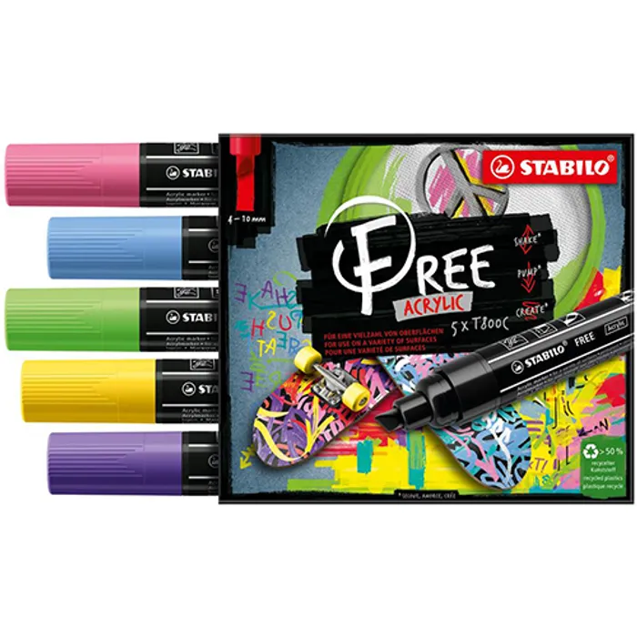 Hauptbild des Produkts Akrylový popisovač STABILO FREE Acrylic T800C Klínový hrot 4-10 mm - Seaside, sada 5 ks