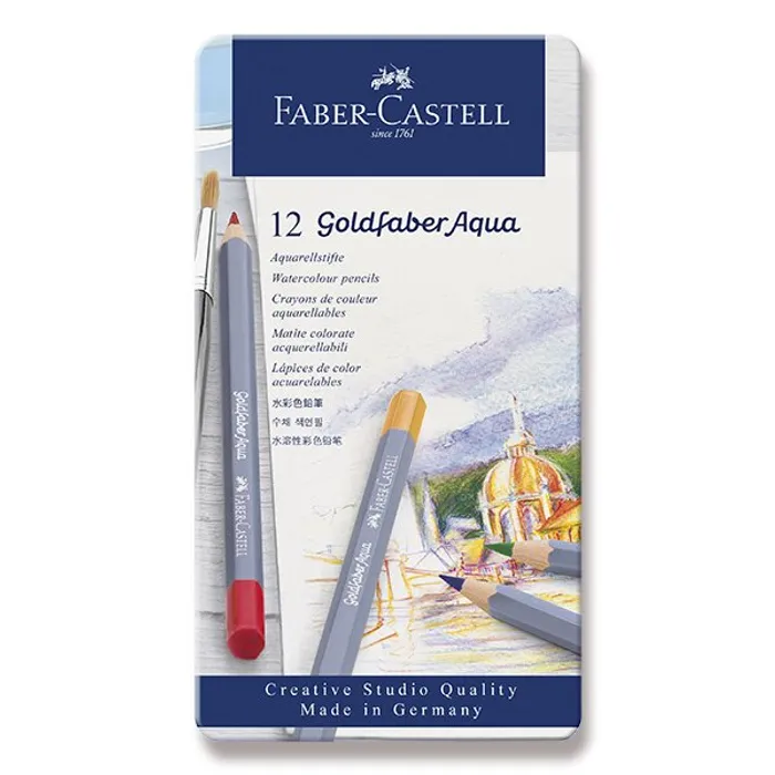 Hauptbild des Produkts Akvarelové pastelky Faber-Castell Goldfaber Aqua plechová krabička, 12 barev