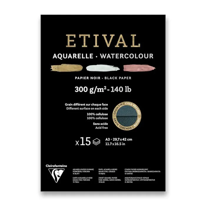 Hauptbild des Produkts Akvarelový blok Clairefontaine Etival Black Cold Pressed/Rough A3, 15 listů, 300 g