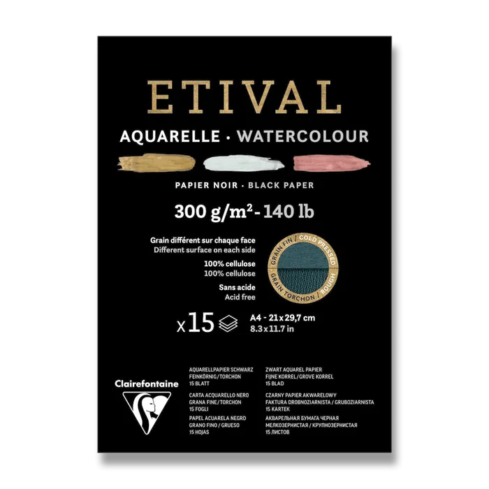 Hauptbild des Produkts Akvarelový blok Clairefontaine Etival Black Cold Pressed/Rough A4, 15 listů, 300 g
