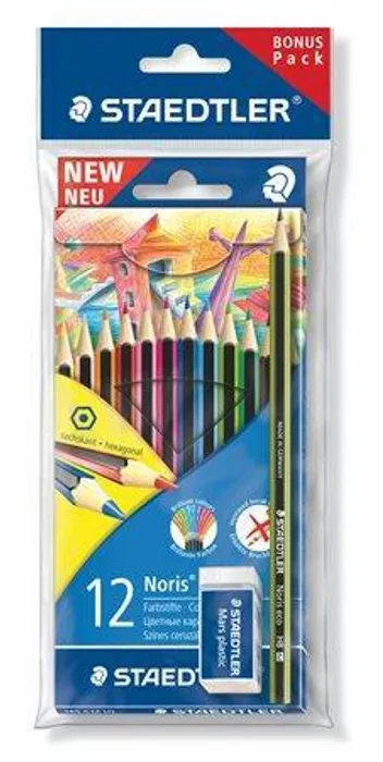Hauptbild des Produkts Barevné pastelky "Noris Colour", 12 barev, šestihranné, + tužka + guma, STAEDTLER