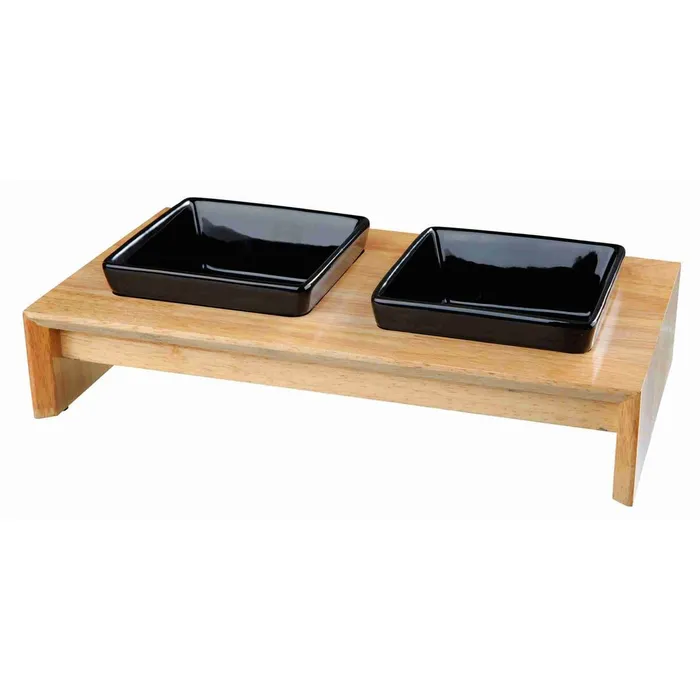 Hauptbild des Produkts Dřevěný bar, 2x keramická čtyřhranná miska, černá 2 × 0,4 l/13 × 13 cm/ 36 × 7 × 19 cm
