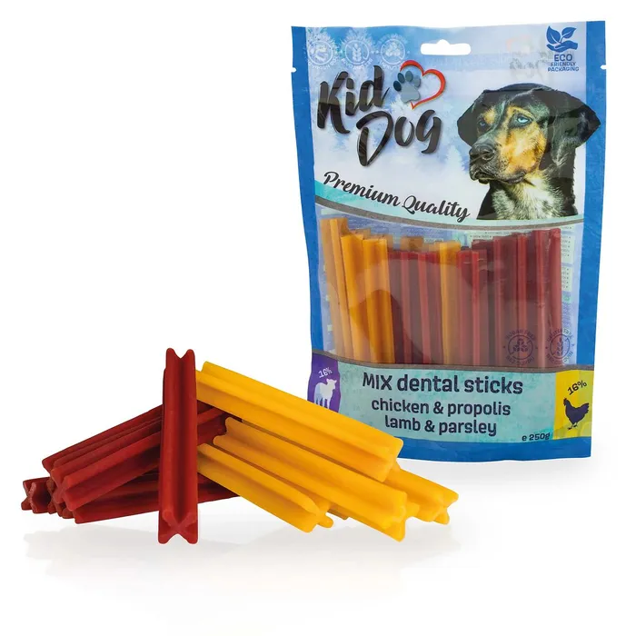 Hauptbild des Produkts KIDDOG kuře+propolis / jehněčí+petržel MIX dentalní tyčinky 250 g