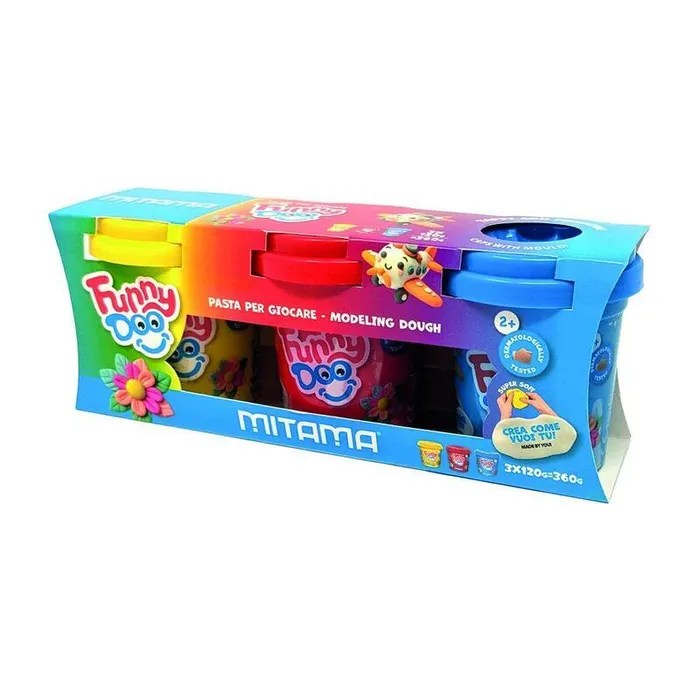 Hauptbild des Produkts Modelína FUNNY DOO, sada 3 barvy, 3x120 g, červená, modrá, žlutá, MITAMA 63848