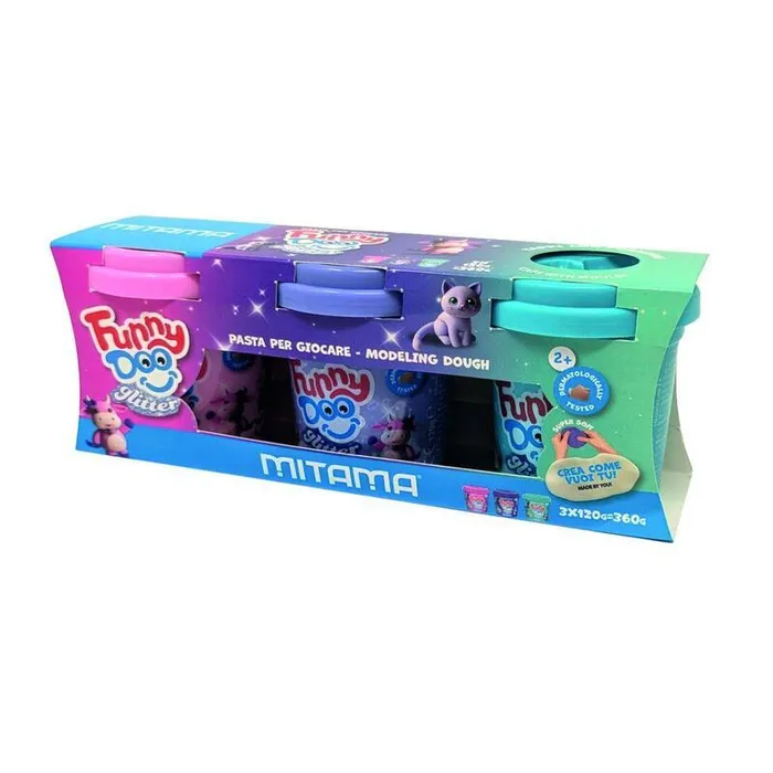 Hauptbild des Produkts Modelína FUNNY DOO, sada 3 barvy se třpytkami, 3x120 g, růžová, fialová, modrá, MITAMA 63850