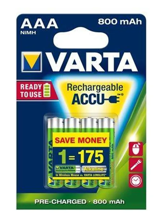 Hauptbild des Produkts Nabíjecí baterie, AAA (mikrotužková), 4x800 mAh, přednabité, VARTA "Longlife Accu"