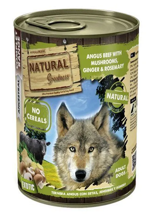 Hauptbild des Produkts Natural Greatness anguské hovězí maso, houby, zázvor, rozmarýn konzerva pro psy 400 g