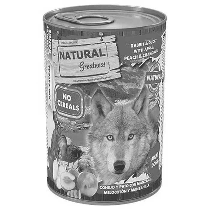 Hauptbild des Produkts Natural Greatness králík, kachna, jablka, broskve, konzerva pro psy 400 g