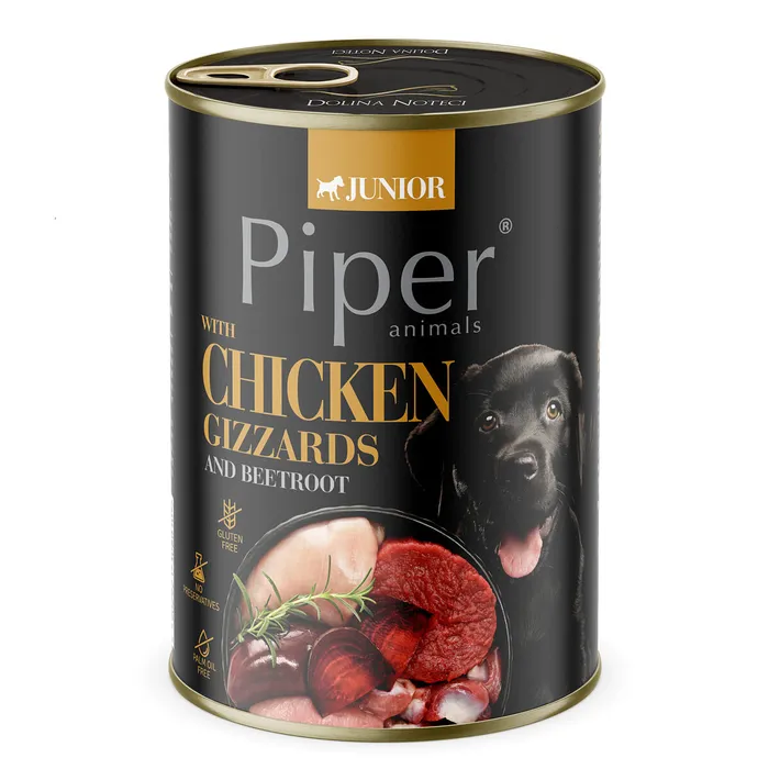 Hauptbild des Produkts NEW PIPER JUNIOR s kuřecími žaludky a červenou řepou, konzerva pro štěňata, 400 g