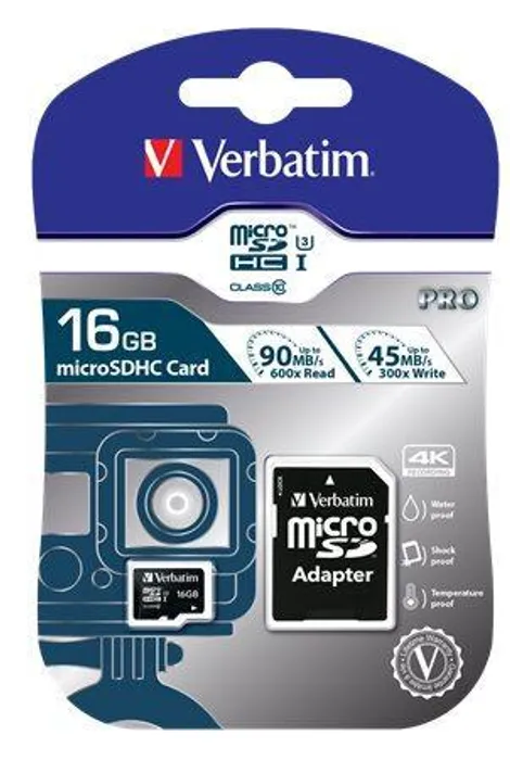 Hauptbild des Produkts Paměťová karta, microSDHC, 16GB, Class 10 UHS I, s adaptérem, VERBATIM "PRO"