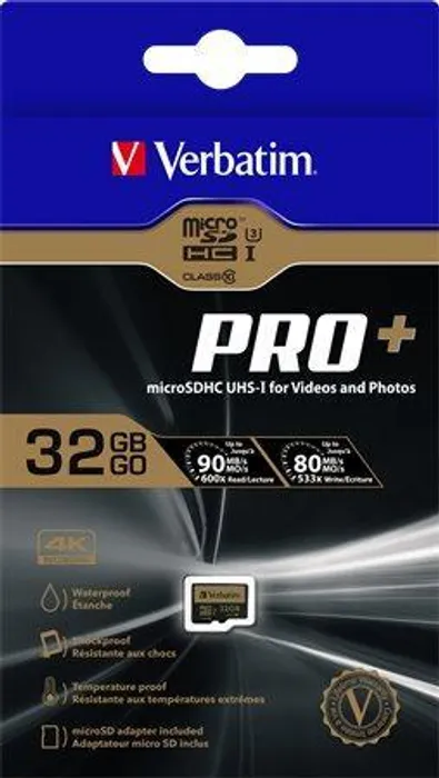 Hauptbild des Produkts Paměťová karta, microSDHC, 32GB, Class 10 UHS I, s adaptérem, VERBATIM "PRO+"