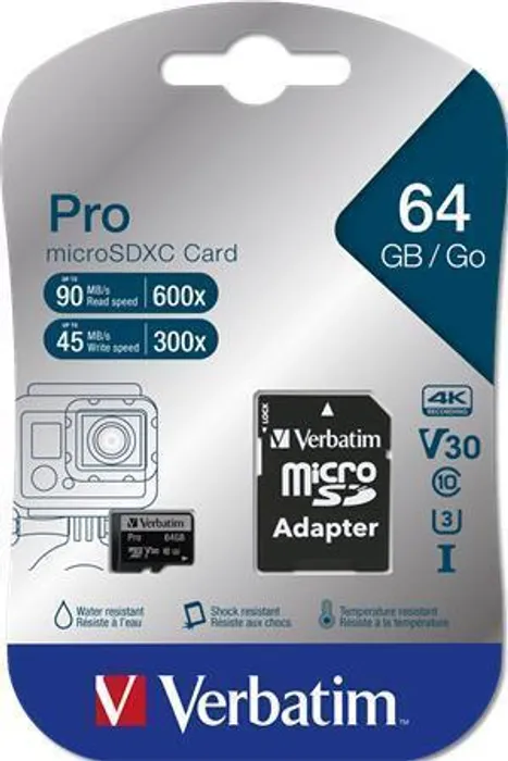 Hauptbild des Produkts Paměťová karta, microSDXC, 64GB, Class 10 USH-I, s adaptérem, VERBATIM "PRO"