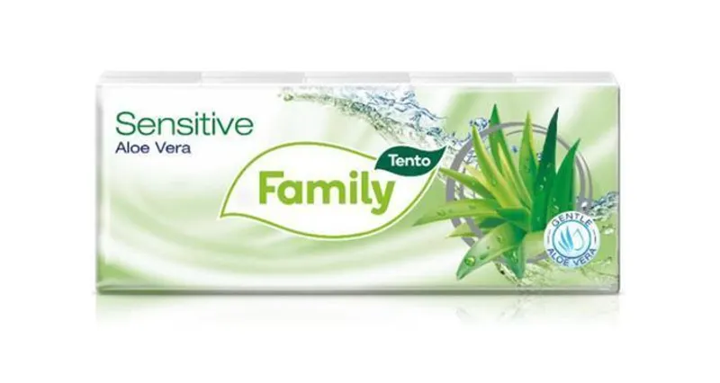 Hauptbild des Produkts Papírové kapesníky "Sensitive", aloe vera, 3 vrstvé, 10x10 ks, TENTO
