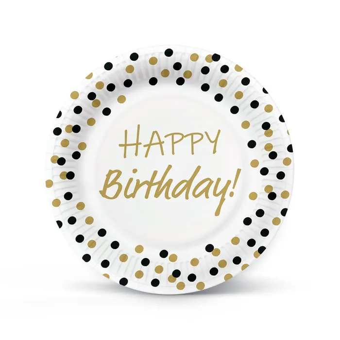 Hauptbild des Produkts Papírový talíř (FSC Mix) Birthday Confetti - gold-black O23cm [8 ks]