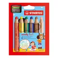 Buntstift, Wasserlinie und Wachsstift in einem STABILO woody 3 in 1 – 6-teiliges Set mit Spitzer