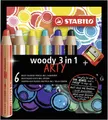 Buntstift, Wasserlinie und Wachsstift in einem STABILO woody 3 in 1 ARTY 6-teiliges Set mit Spitzer