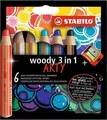 Buntstift, Wasserlinie und Wachsstift in einem STABILO woody 3 in 1 ARTY 6-teiliges Set mit Spitzer
