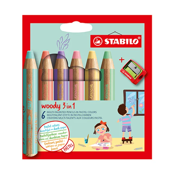 Hauptbild des Produkts Pastelka, vodovka & voskovka v jednom STABILO woody 3 in 1 PASTEL - 6 ks s ořezávátkem
