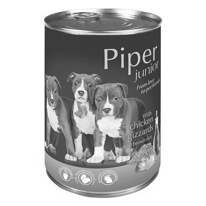 Hauptbild des Produkts PIPER JUNIOR s kuřecími žaludky a hnědou rýží, konzerva pro štěňata 400g
