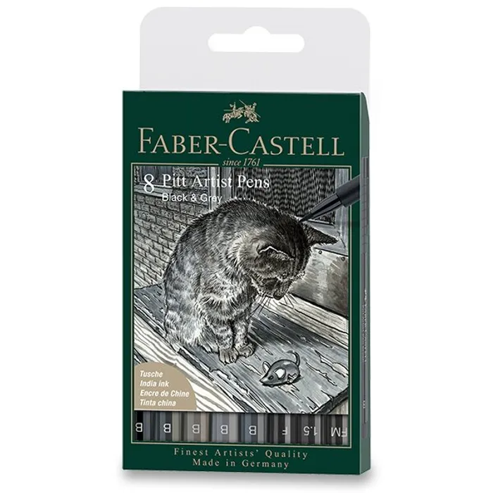 Hauptbild des Produkts Popisovač Faber-Castell Pitt Artist Pen Black&Grey sada 8 ks, různé hroty, černý a šedý