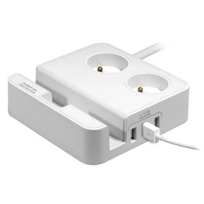 Hauptbild des Produkts Přepěťová ochrana, 2 zásuvky, bílá, Logo, 3x USB, se stojánkem na tablet,mobil