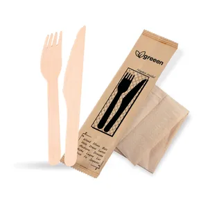 Besteckset (Holz FSC 100%) Messer-Gabel+Serviette [50 Sets]