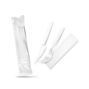 Besteckset (PP) wiederverwendbar Messer-Gabel+Serviette weiß [250 Sets]