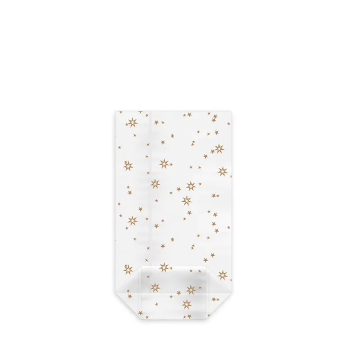 Hauptbild des Produkts Sáček čirý celofán (OPP) s křížovým dnem Hvězdy zlaté 9,5 x 16 + 4 cm [100 ks]