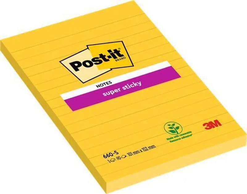 Hauptbild des Produkts Samolepicí bloček "Super Sticky", žlutá, 102x152 mm, 75 lístků, linkovaný, 3M POSTIT