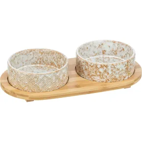 Set von 2 Schüsseln im Bambusständer, weiß/hellbraun, 2 × 0,8 l, ca. 16 cm, 39 x 8 x 20 cm