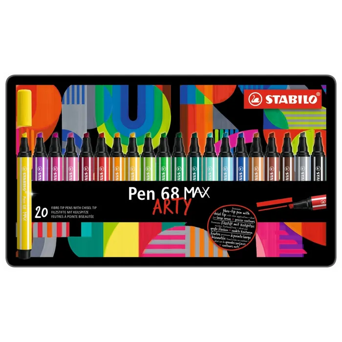 Hauptbild des Produkts STABILO Pen 68 MAX Vláknový fix s klínovým hrotem - sada 20 barev v plechu ARTY