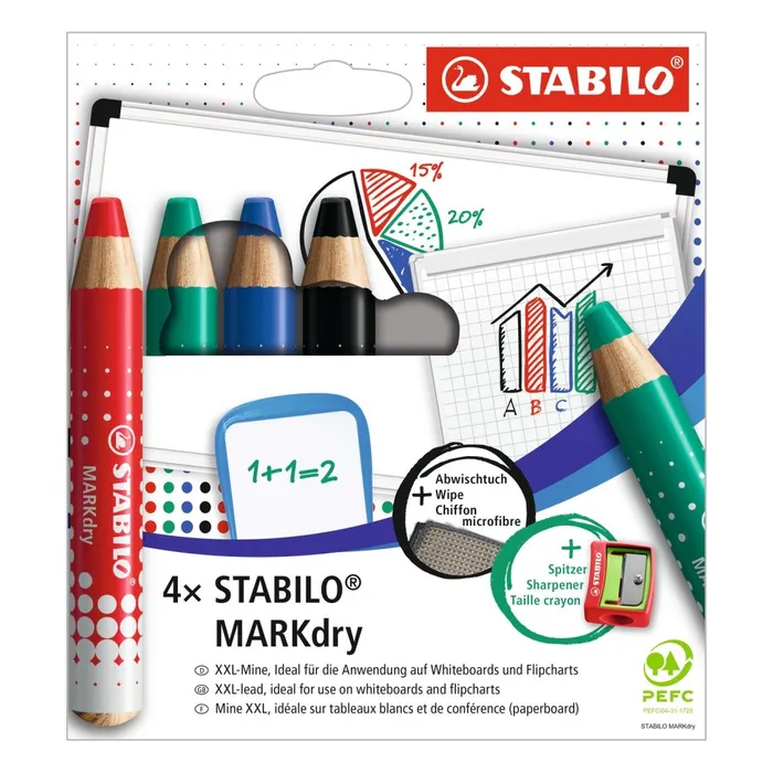 Hauptbild des Produkts Suchý popisovač na tabuli a flipchart STABILO MARKdry - 4 ks sada s ořezávátkem a hadříkem
