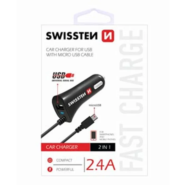 Hauptbild des Produkts SWISSTEN, micro USB auto nabíječka, 1x konektor + USB port 12V, 5V, 2400mA, nabíjení mobi
