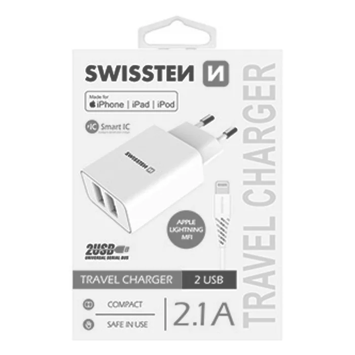 Hauptbild des Produkts SWISSTEN, Síťový adaptér, s Lightning kabelem (MFi certifikace), 100-240V, 5V, 2100mA, na