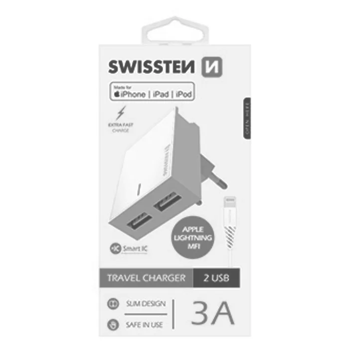 Hauptbild des Produkts SWISSTEN, Síťový adaptér, s Lightning kabelem (MFi certifikace), 100-240V, 5V, 3000mA, na