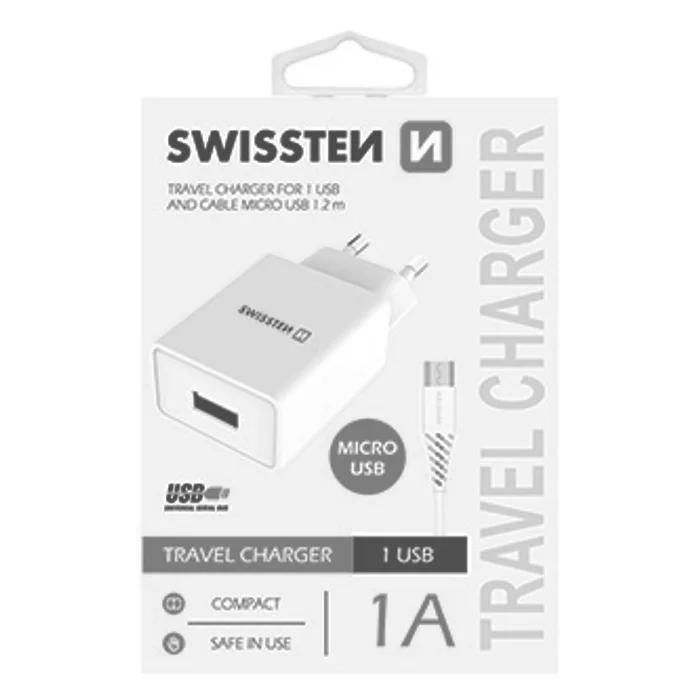 Hauptbild des Produkts SWISSTEN, Síťový adaptér, s microUSB kabelem, 100-240V, 5V, 1000mA, nabíjení mobilních te