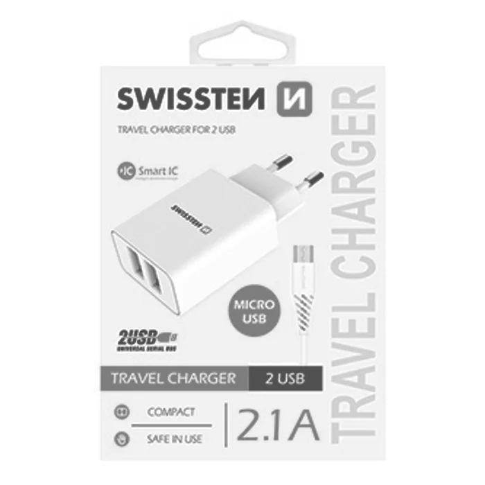 Hauptbild des Produkts SWISSTEN, Síťový adaptér, s microUSB kabelem, 100-240V, 5V, 2100mA, nabíjení mobilních te