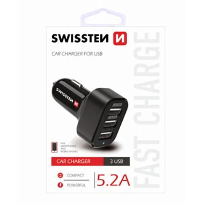 Hauptbild des Produkts SWISSTEN, USB auto nabíječka, 3x USB port, 12V, 5V, 5200mA, nabíjení mobilních telefonů a