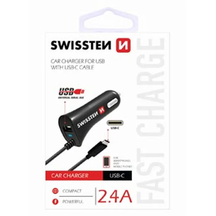Hauptbild des Produkts SWISSTEN, USB C- auto nabíječka, 1x konektor (USB C)+ USB port 12V, 5V, 2400mA, nabíjení