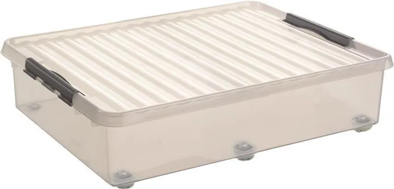 Hauptbild des Produkts Úložný box "Q-line", transparentní, s víkem, s kolečky, 60 l, plast, HELIT