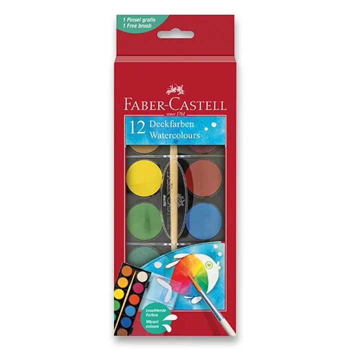 Hauptbild des Produkts Vodové barvy Faber-Castell, 12 barev, průměr 30 mm