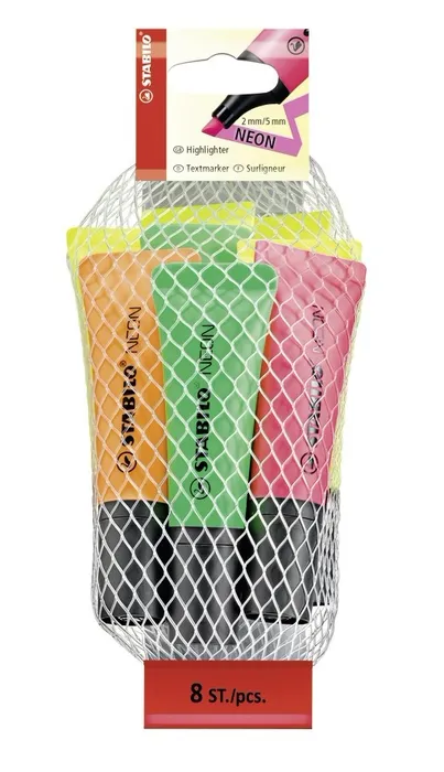 Hauptbild des Produkts Zvýrazňovač STABILO NEON - 8 ks sada - 4 x žlutá, 2 x zelená, 1 x oranžová, 1 x růžová