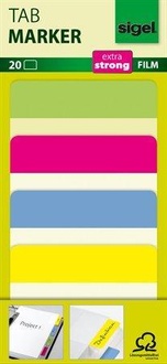 Papírenské zboží - Záložky, mix barev, fólie, s barevným pruhem, 50 x 38 mm, 4 x 5 ks, SIGEL