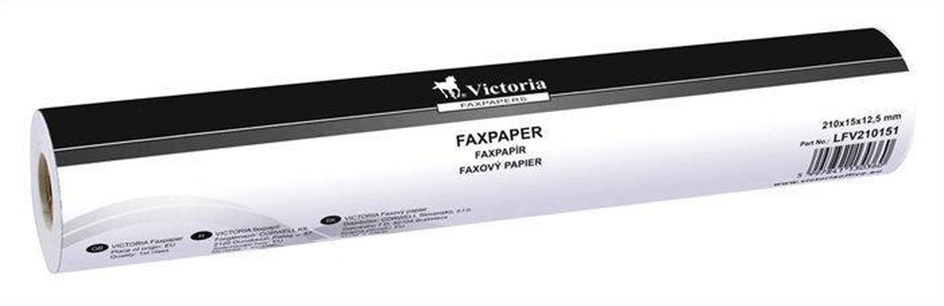 Papírenské zboží - Faxový papír, 210 mm x 15 m x 12,5 mm (šířka x délka x vnitřní průměr), VICTORIA