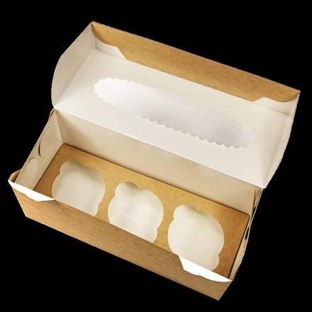 Papírenské zboží - Papírová krabička EKO na muffiny 250x100x100 mm hnědá s okénkem [25 ks]