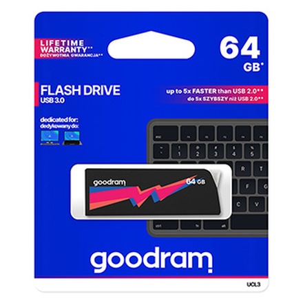 Papírenské zboží - Goodram USB flash disk, USB 3.0 (3.2 Gen 1), 64GB, UCL3, černý, UCL3-0640K0R11, USB A, s
