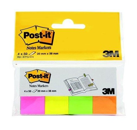 Papírenské zboží - Značkovací proužky, 4x50 lístků, 20x38 mm, 3M POSTIT, mix neonových barev