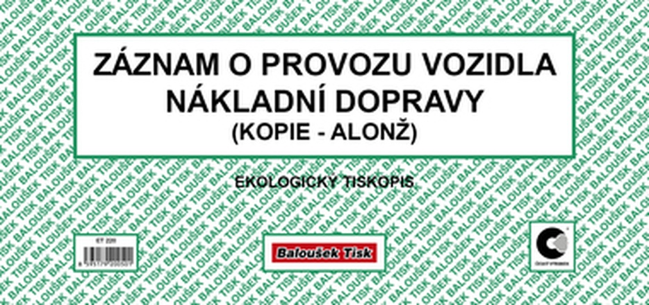 Papírenské zboží - Záznam o provozu vozidla nákladní dopravy alonž ET220